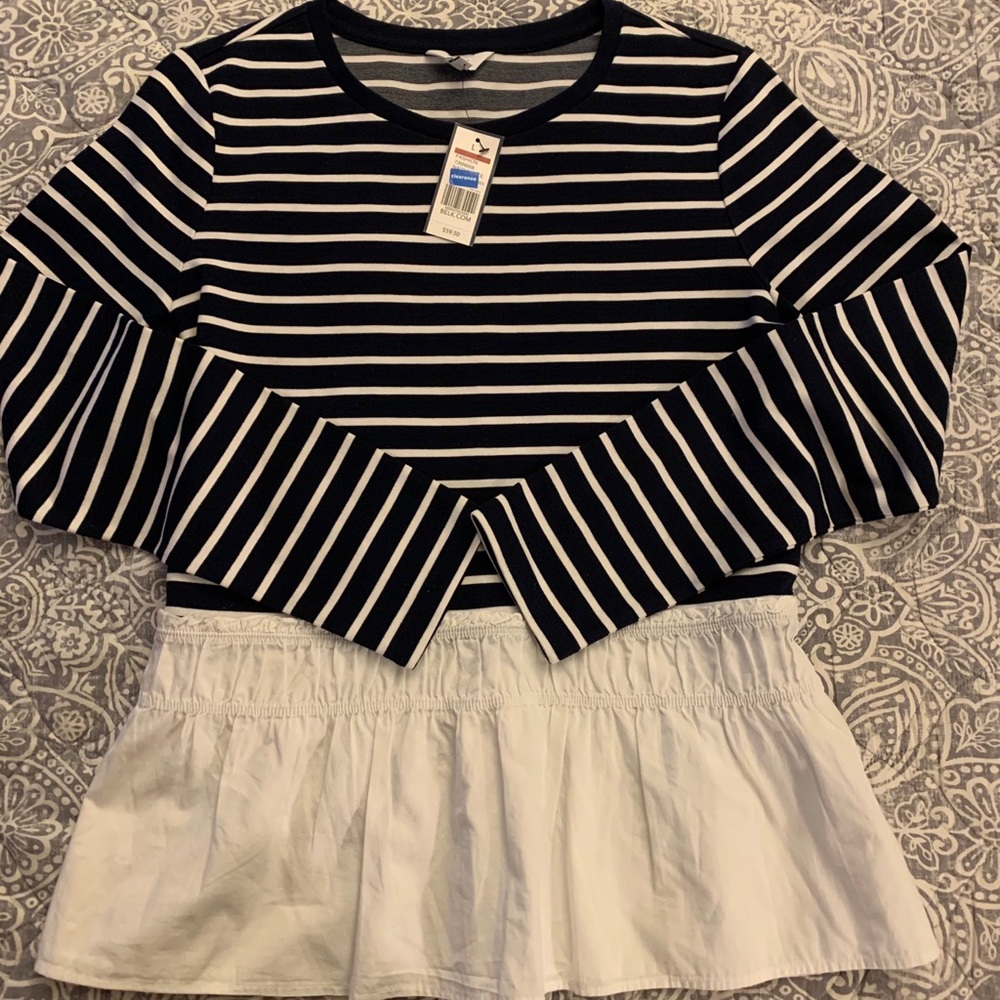 Women’s Long Sleeve Peplum Top Navy & White